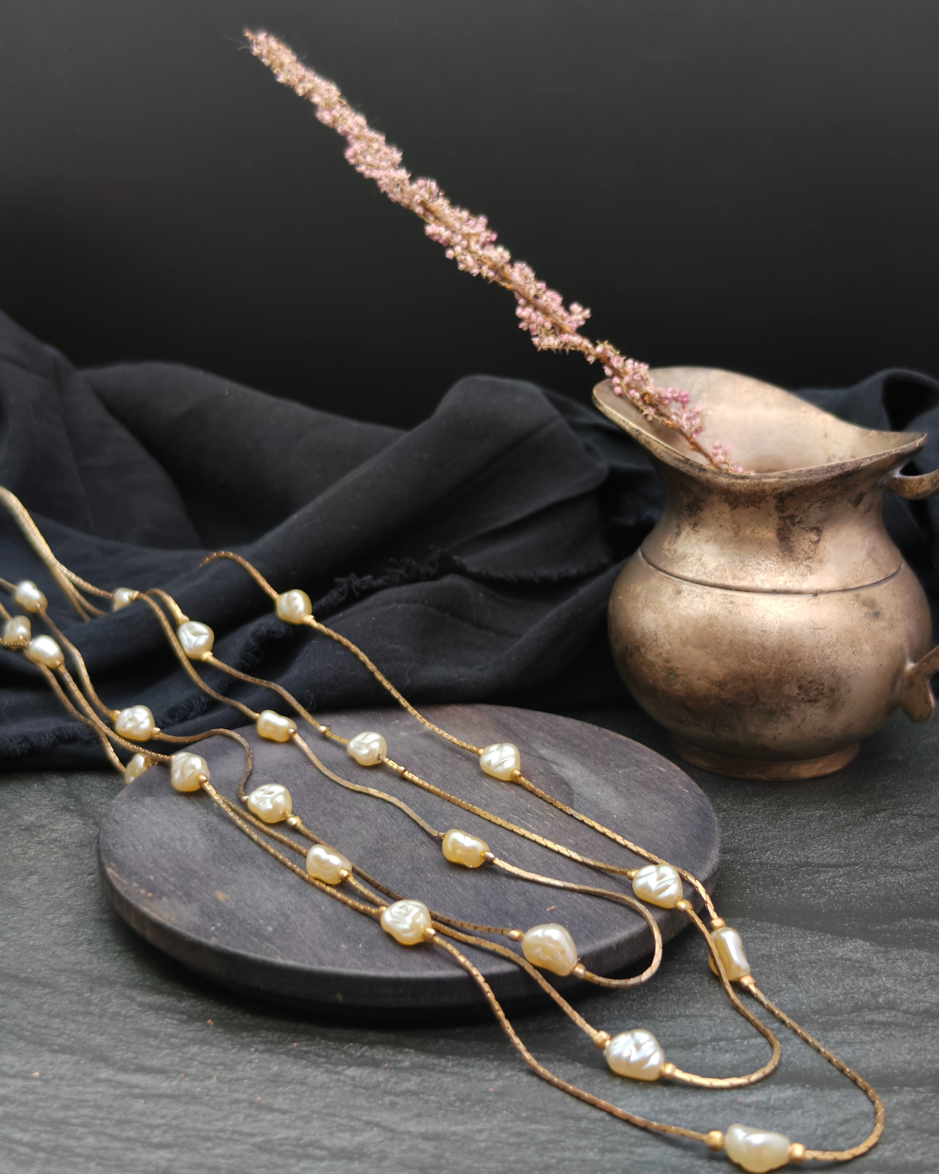 Golden multi-strand necklace with baroque pearls (alternate view)