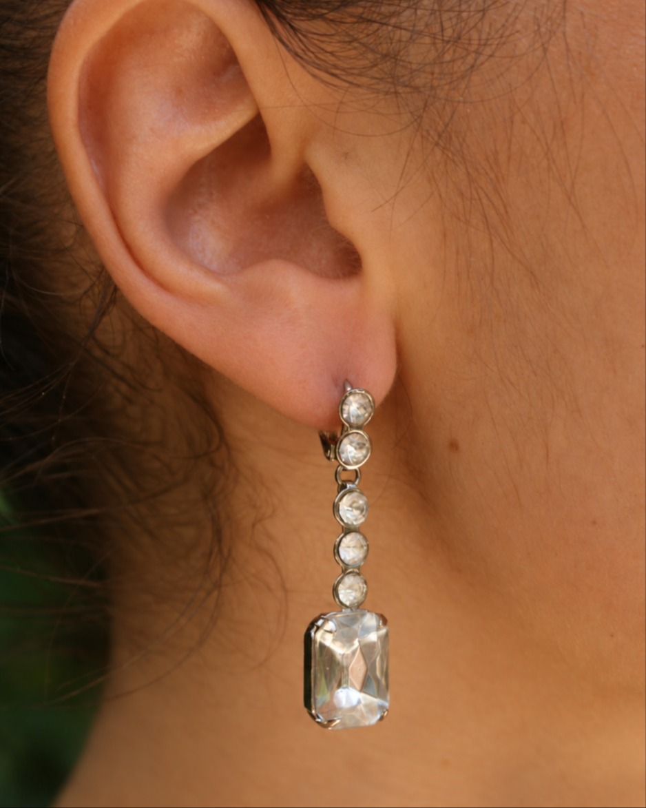 Long vintage earrings with clear crystals – 1980s/90s (alternate view)