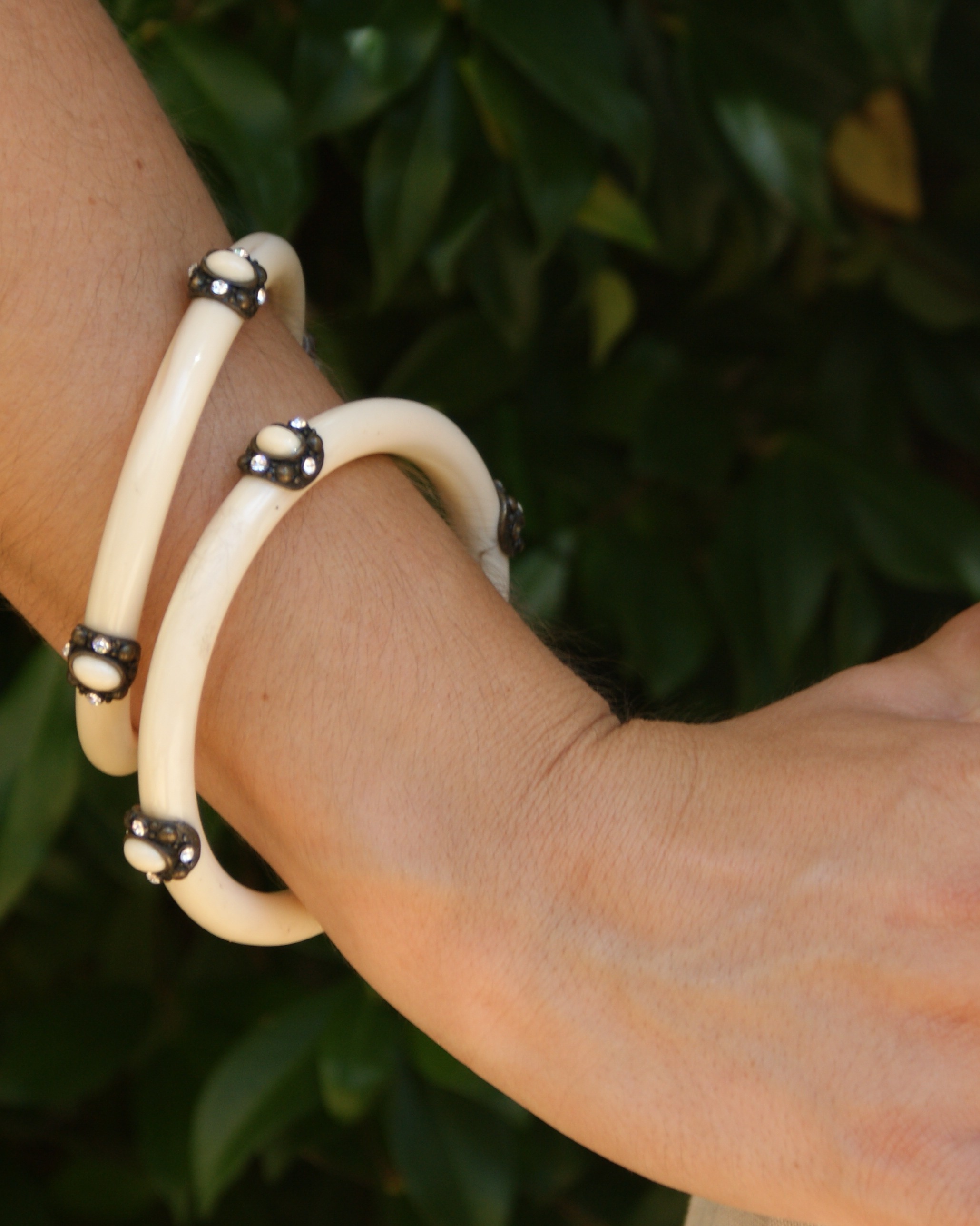 Pair of vintage ivory-colored bracelets with crystals (alternate view)