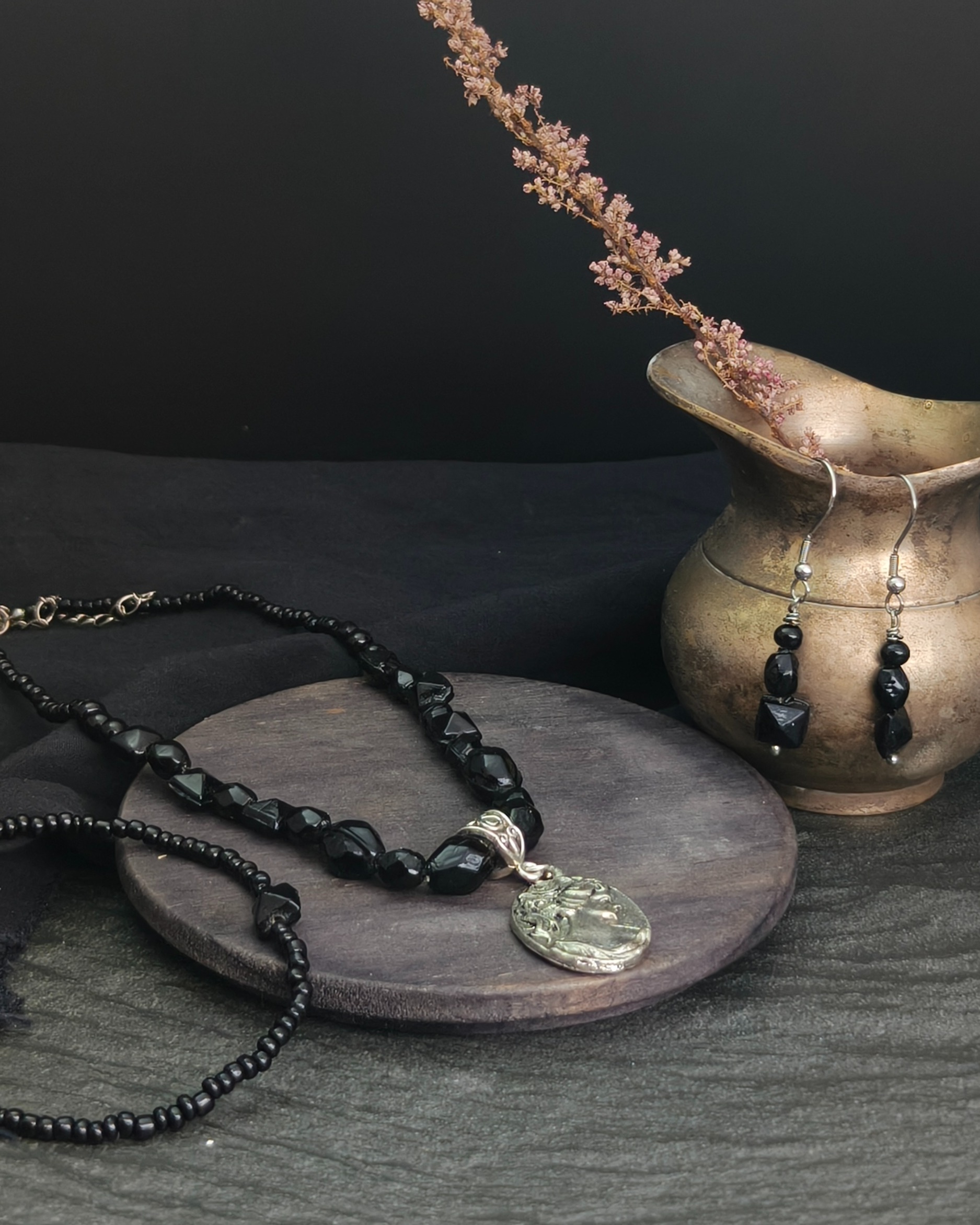 Black upcycled set with medallion - necklace, bracelet, and earrings