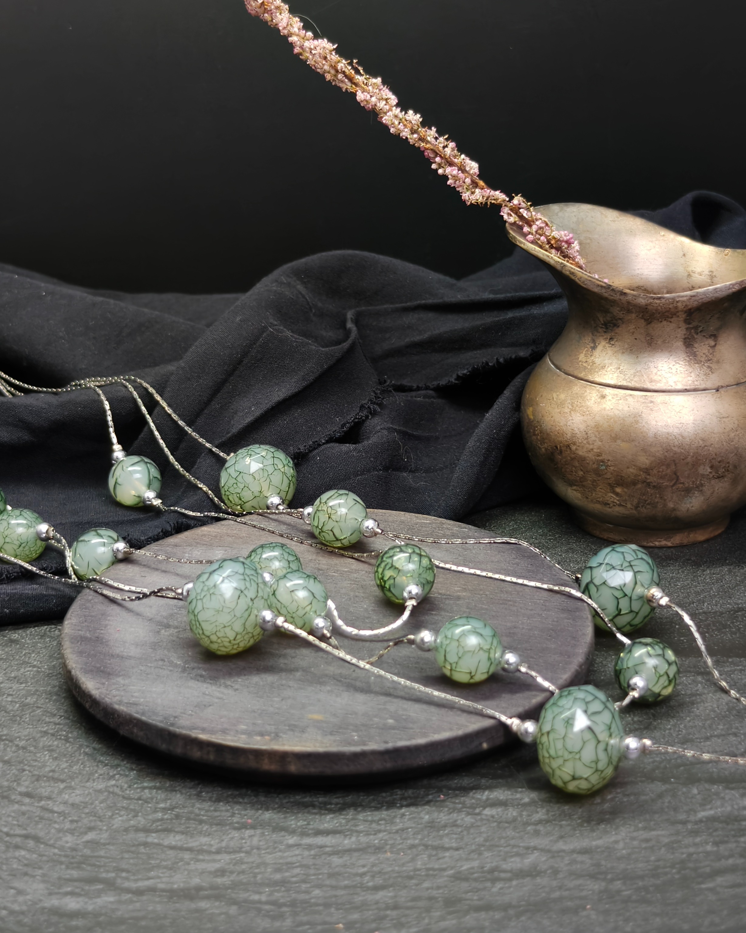 Necklace with multiple chain of green crackled beads (alternate view)