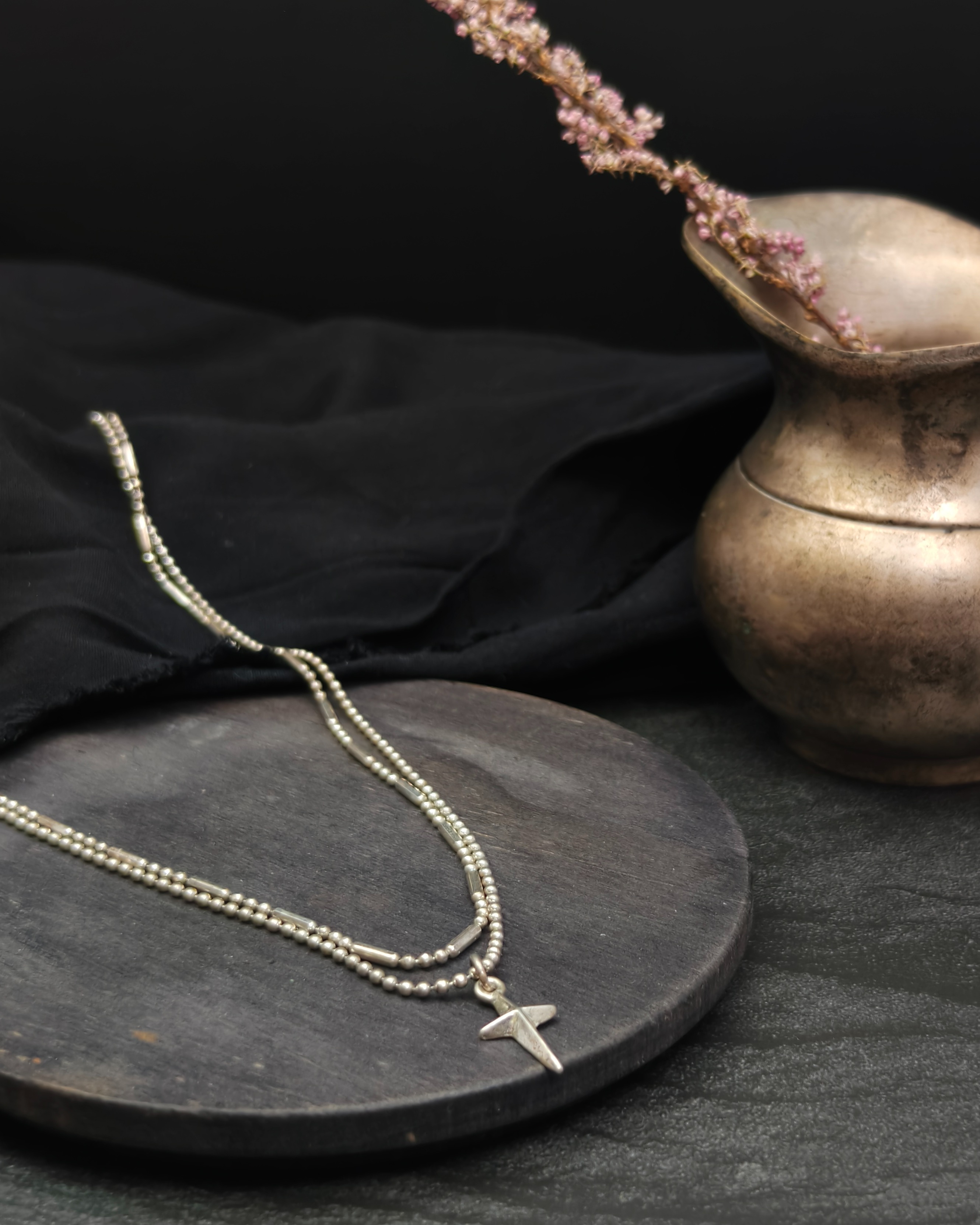 Double silver necklace with cross pendant (alternate view)