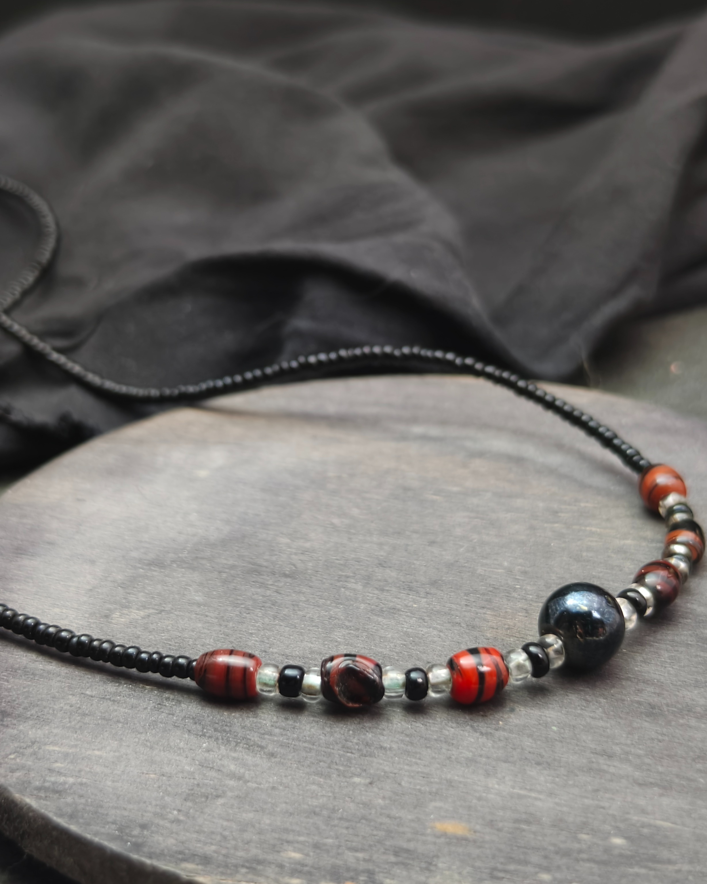Black seed bead necklace with jasper crystal beads (alternate view)