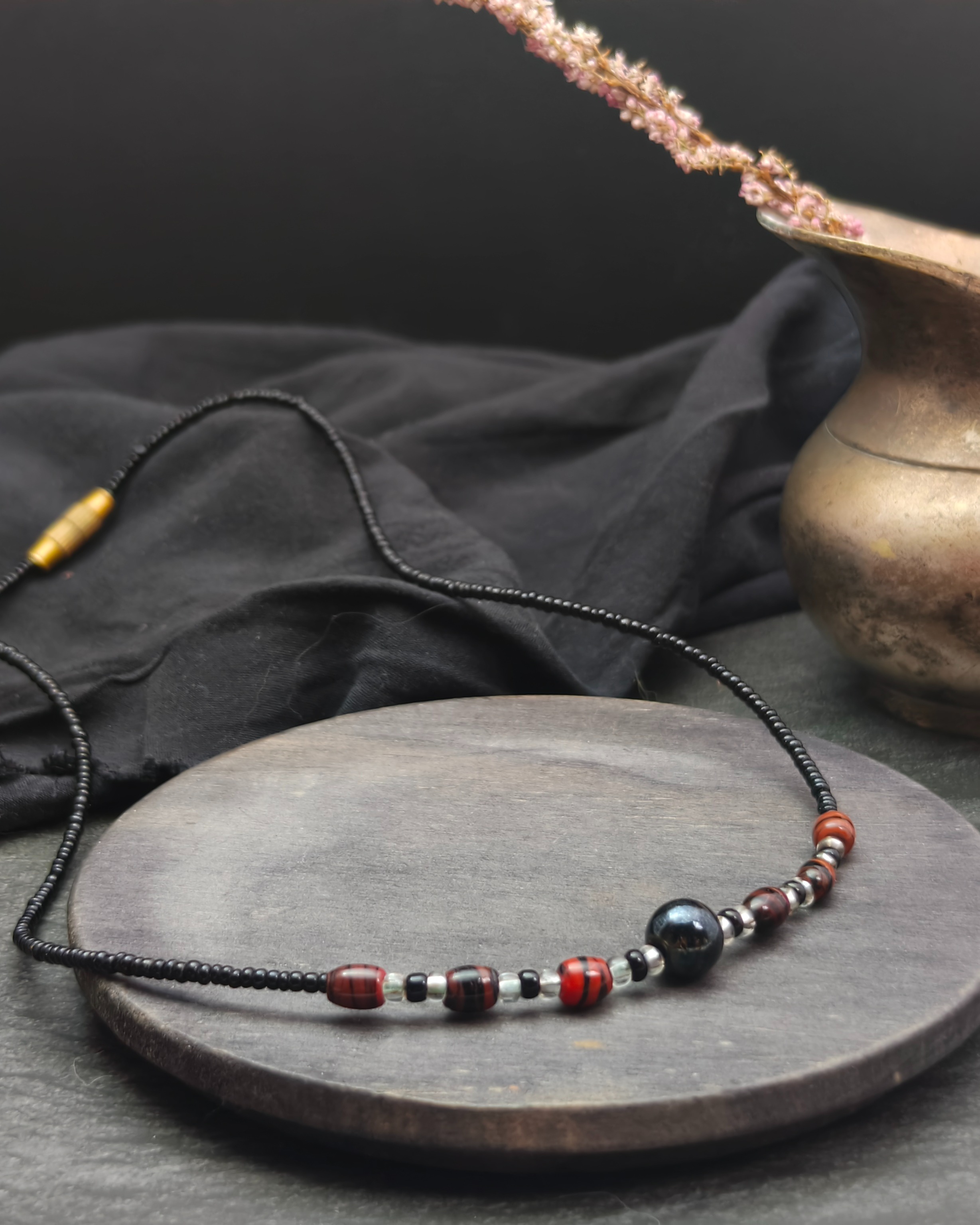 Black seed bead necklace with jasper crystal beads