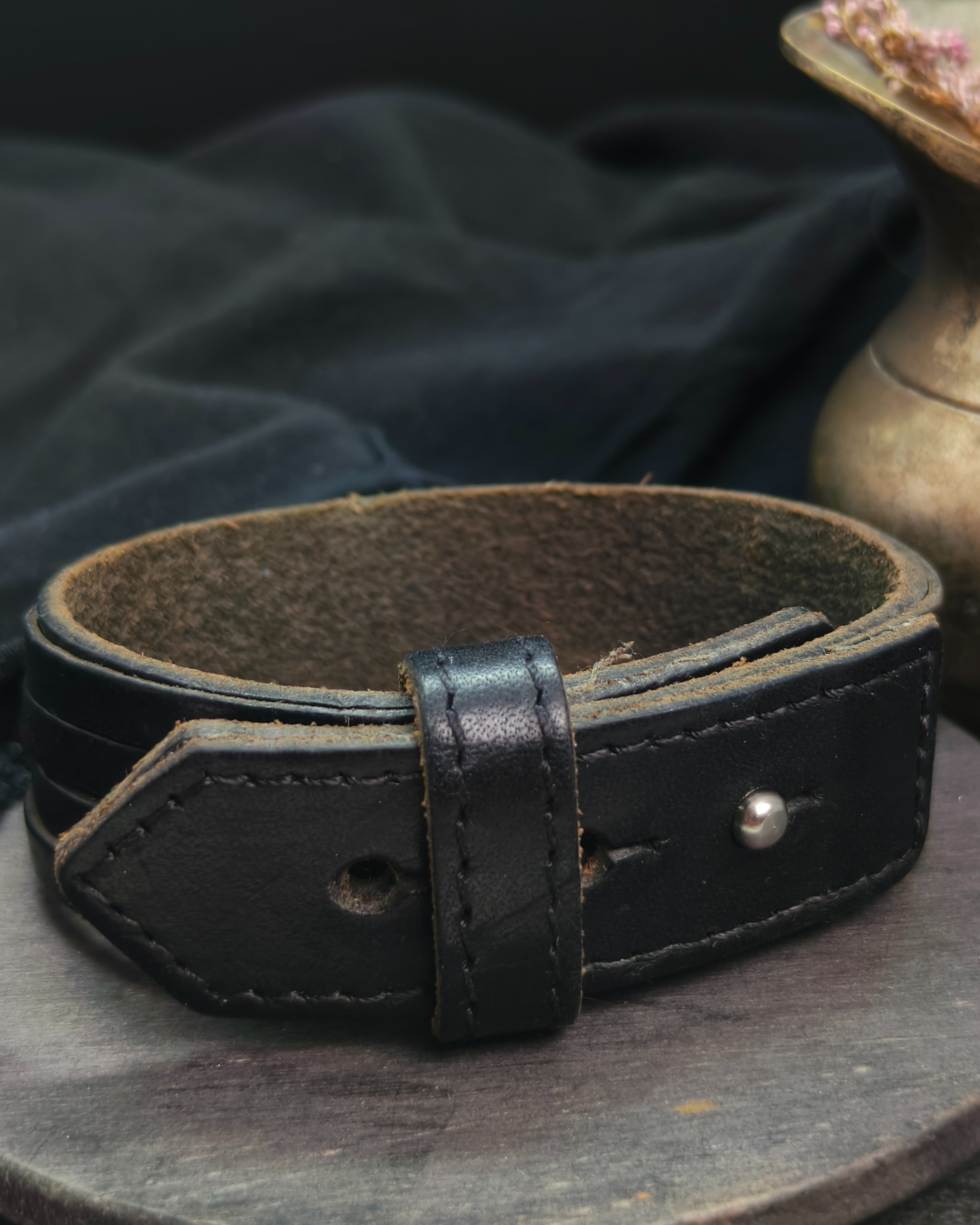 Wide black bracelet with leather straps (alternate view)