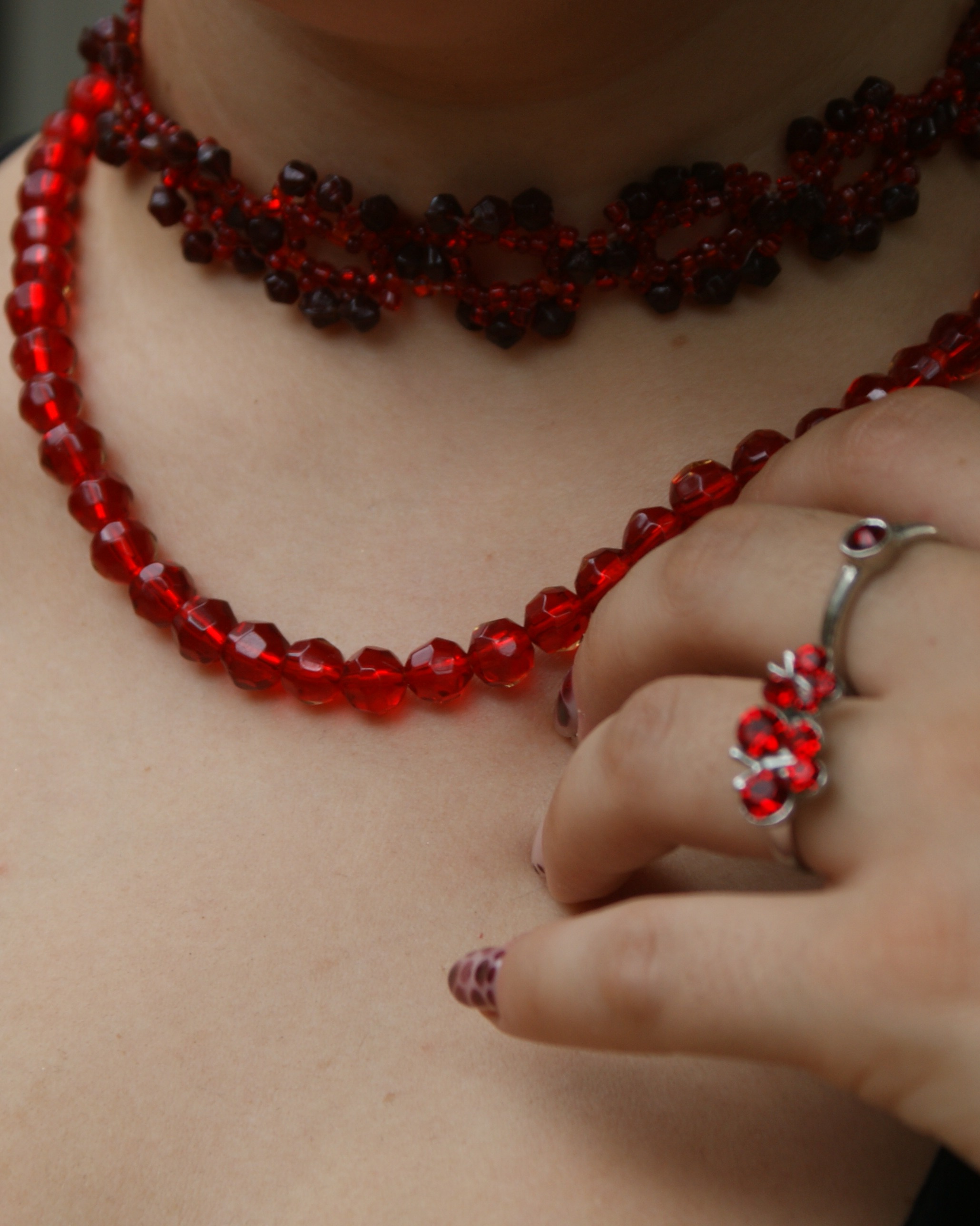 Necklace of red faceted crystal beads (alternate view)