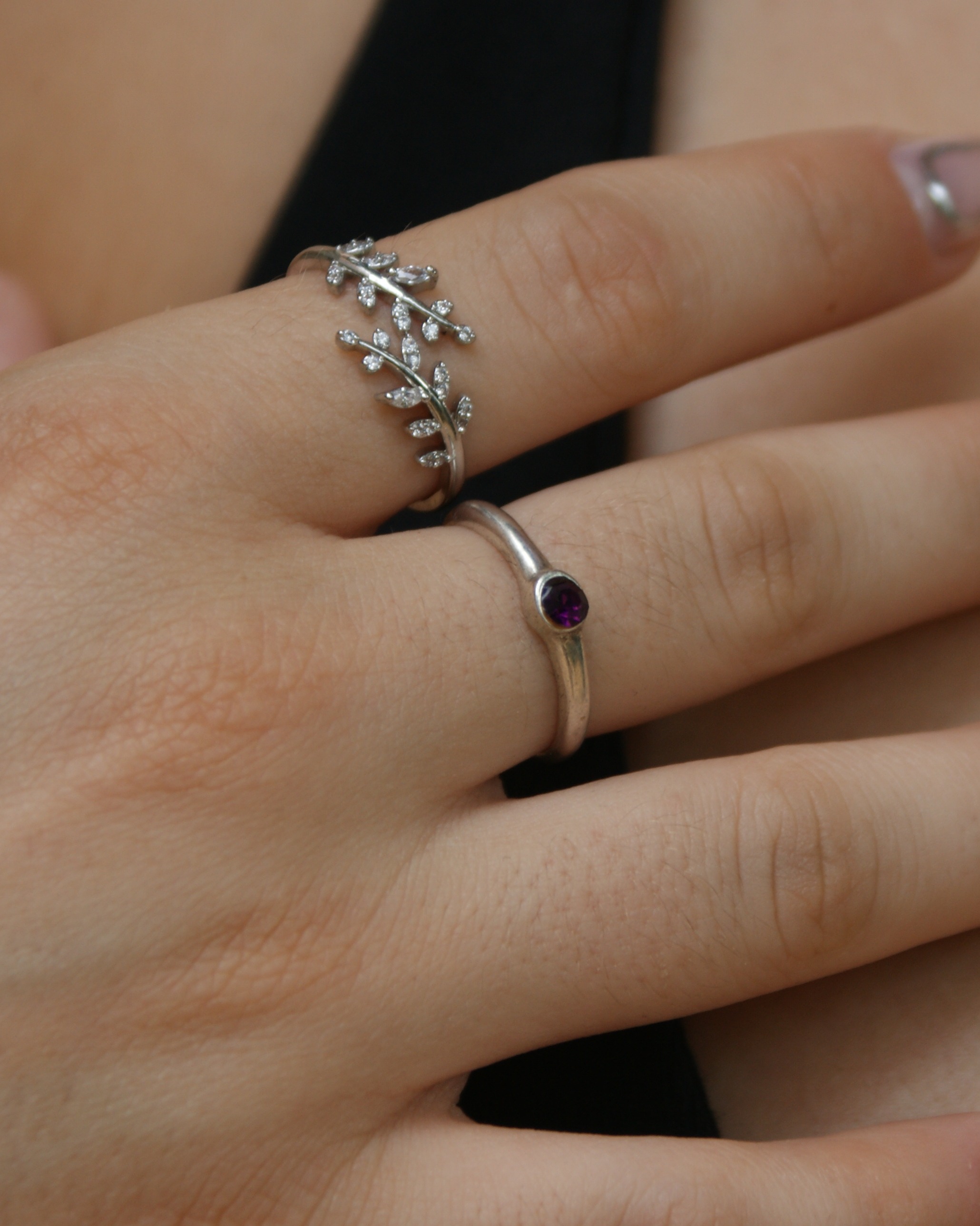Silver plated ring with purple diamond (alternate view)