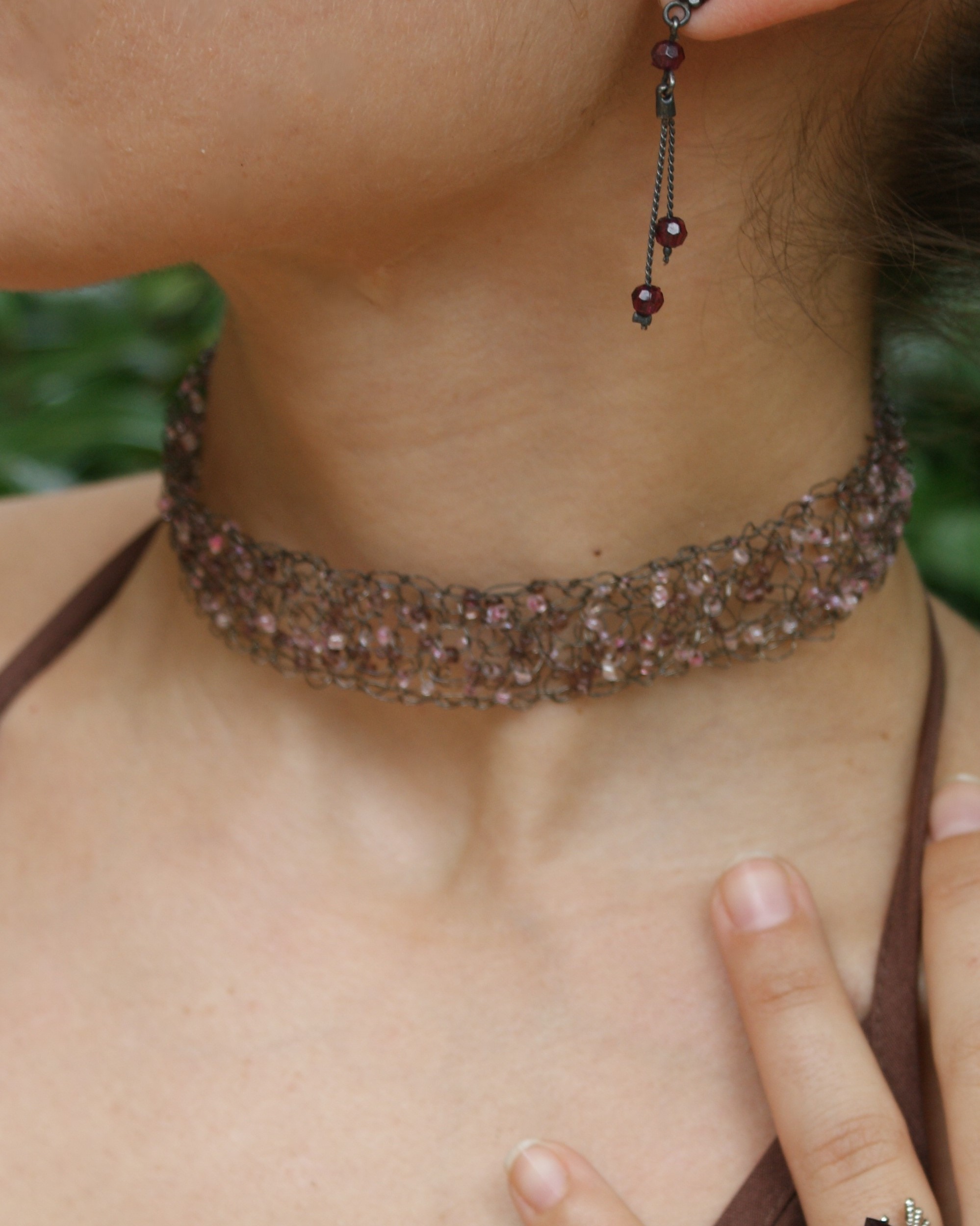 Y2K choker with crystal beads on a metal grid (alternate view)