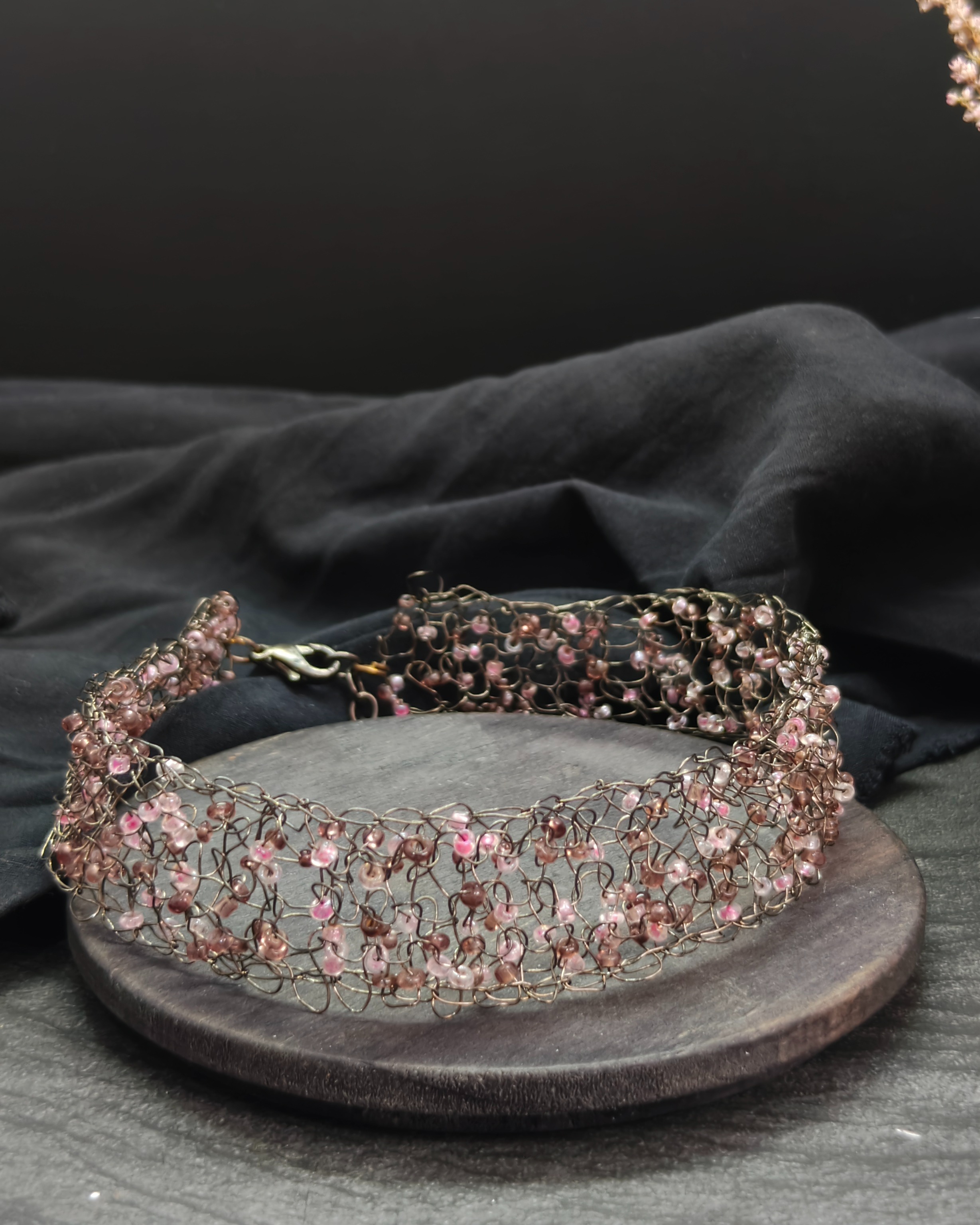 Y2K choker with crystal beads on a metal grid