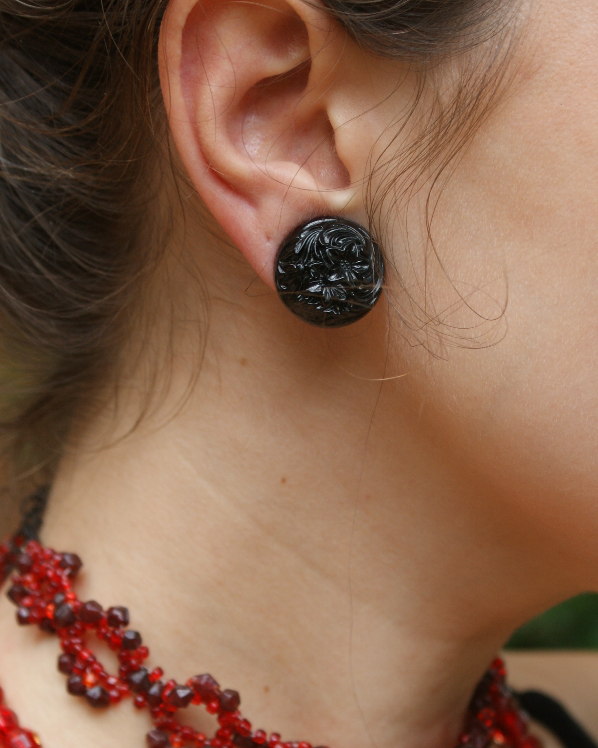 Vintage black crystal clip-on earrings with flowers (alternate view)