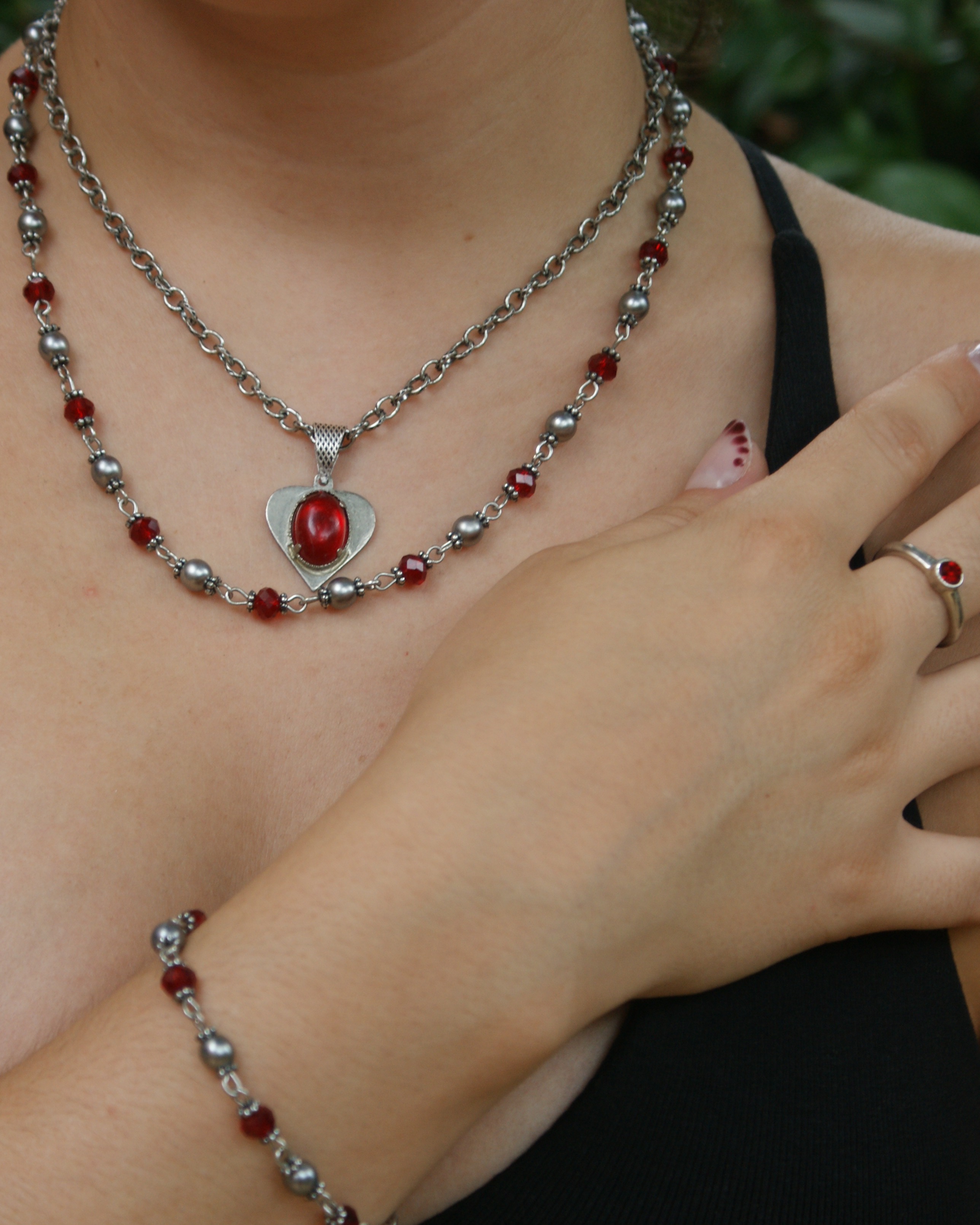 Red and silver upcycled necklace and bracelet set (alternate view)