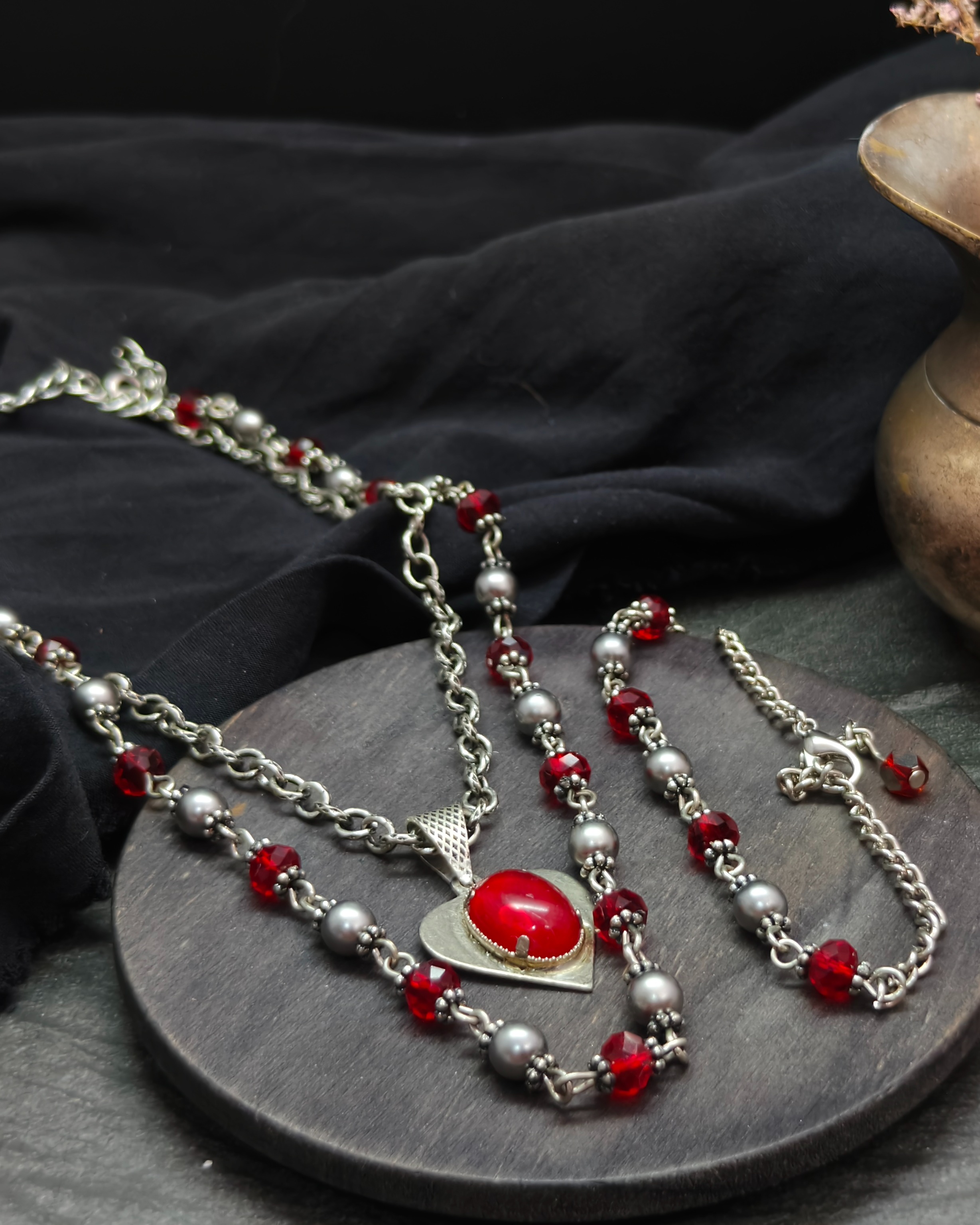 Red and silver upcycled necklace and bracelet set