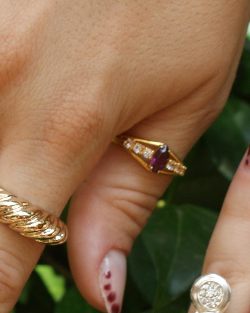 9K gold-plated ring with a marquise-cut purple stone (alternate view)