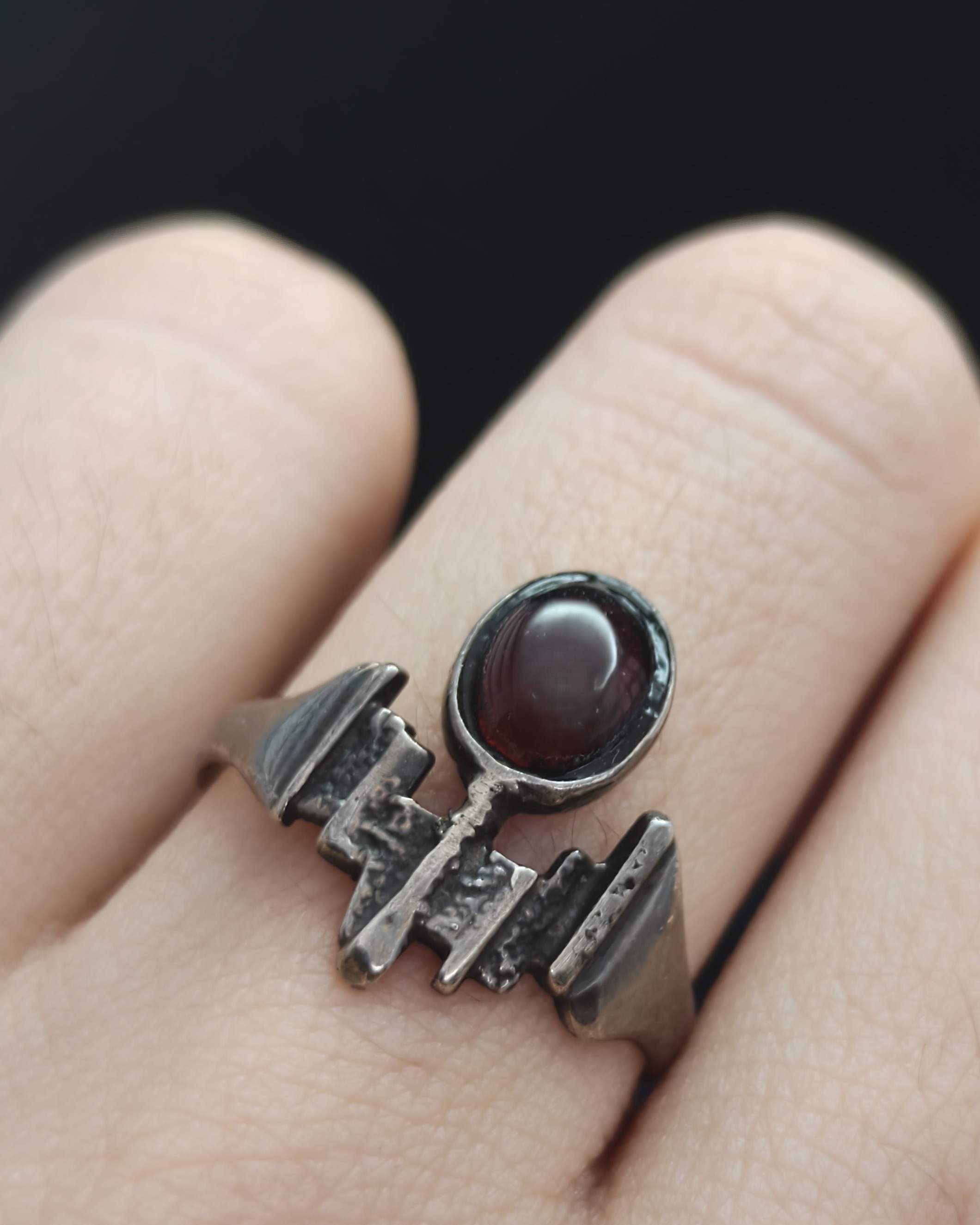 Vintage silver ring with red glass (alternate view)
