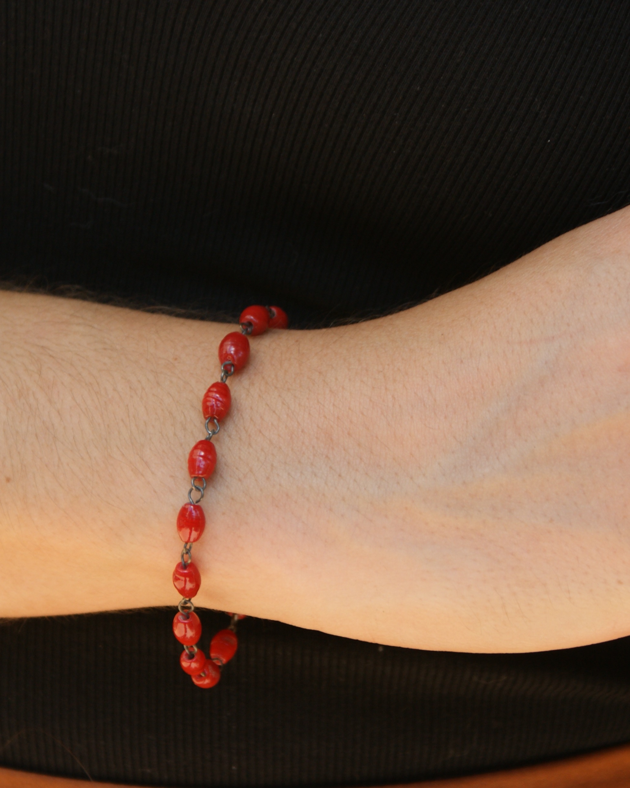Vintage red glazed ceramic bead bracelet (alternate view)